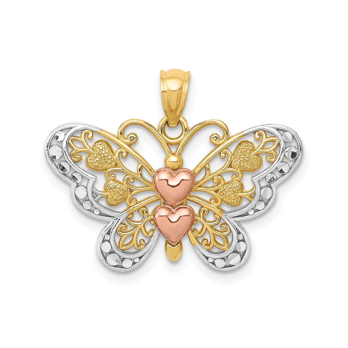 14k Two-Tone Gold Butterfly Pendant with Rose and Yellow Gold Hearts and Filigree Wings