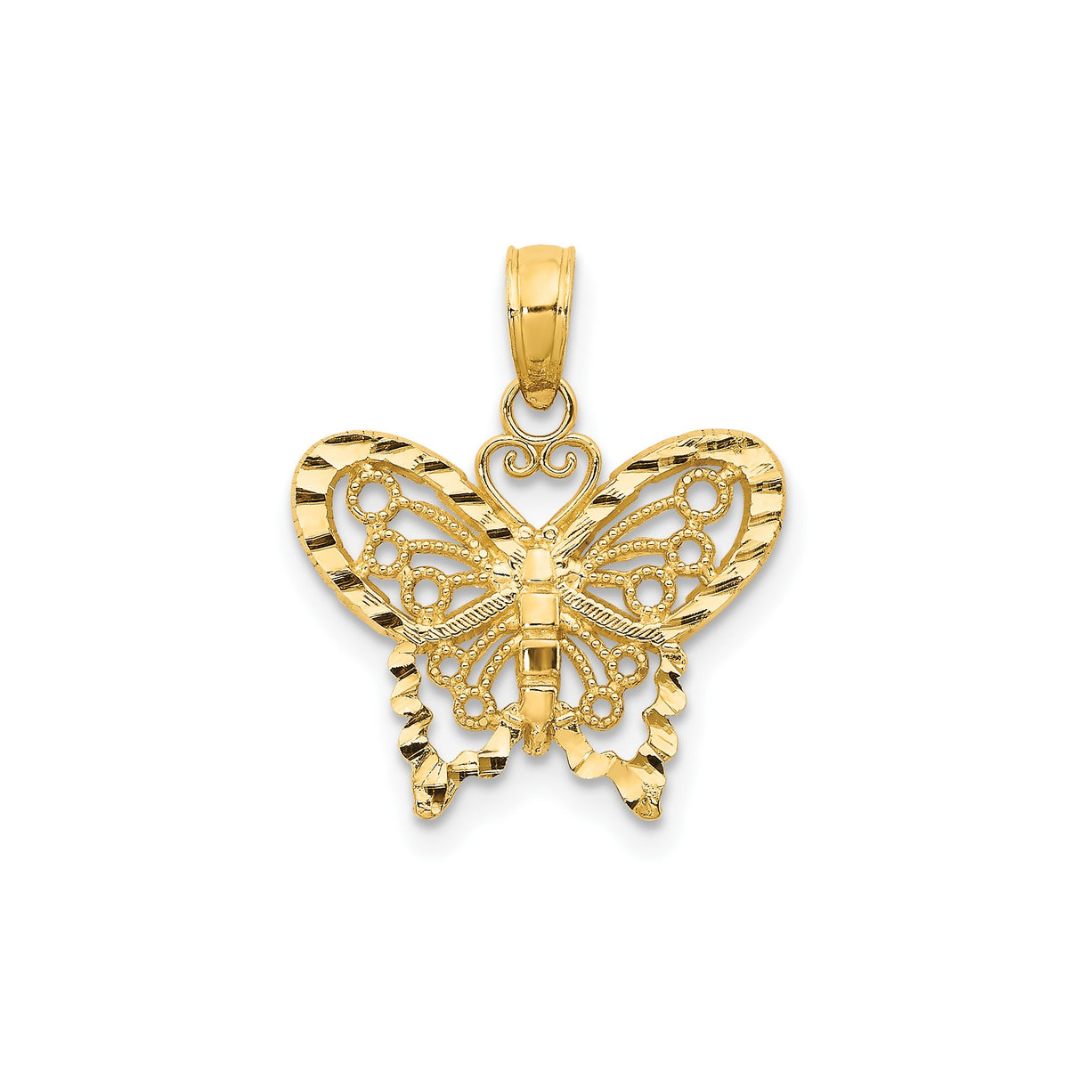14k Yellow Gold Butterfly Pendant with Filigree Detailing and Polished Finish