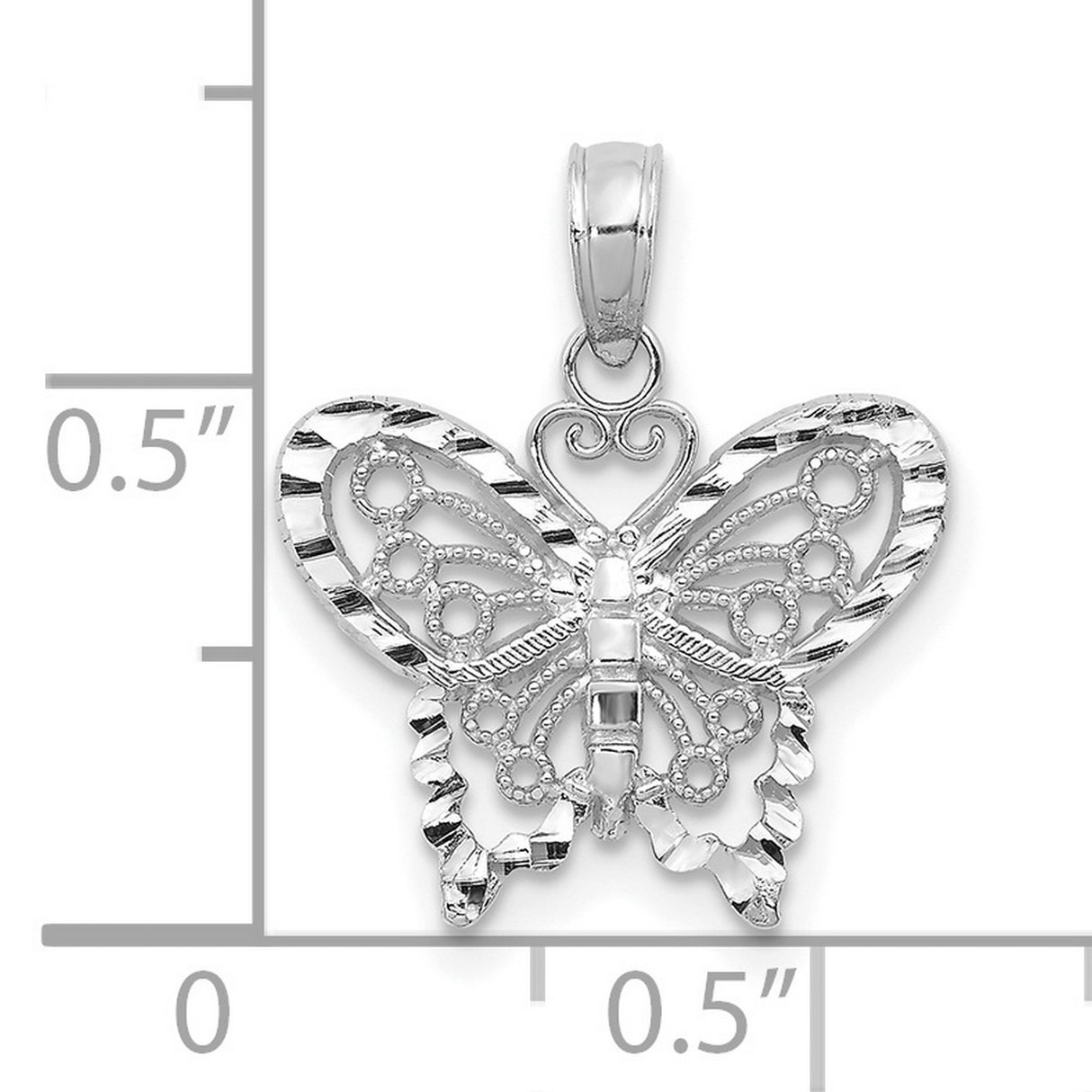 14k White Gold Butterfly Pendant with Filigree Design and Textured Wings