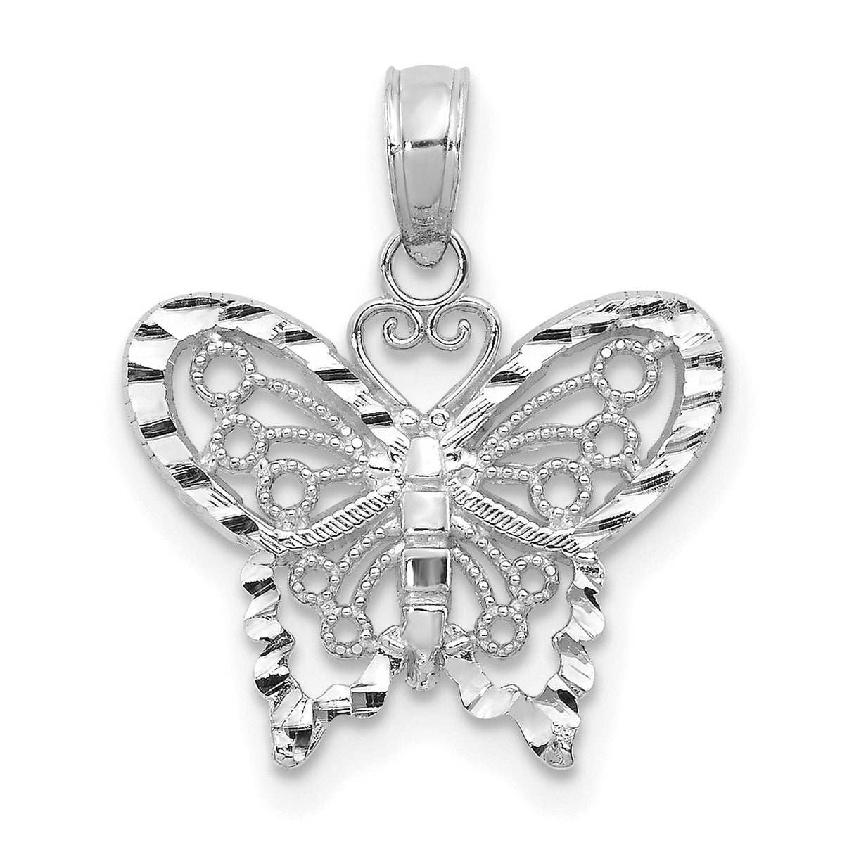 14k White Gold Butterfly Pendant with Filigree Design and Textured Wings