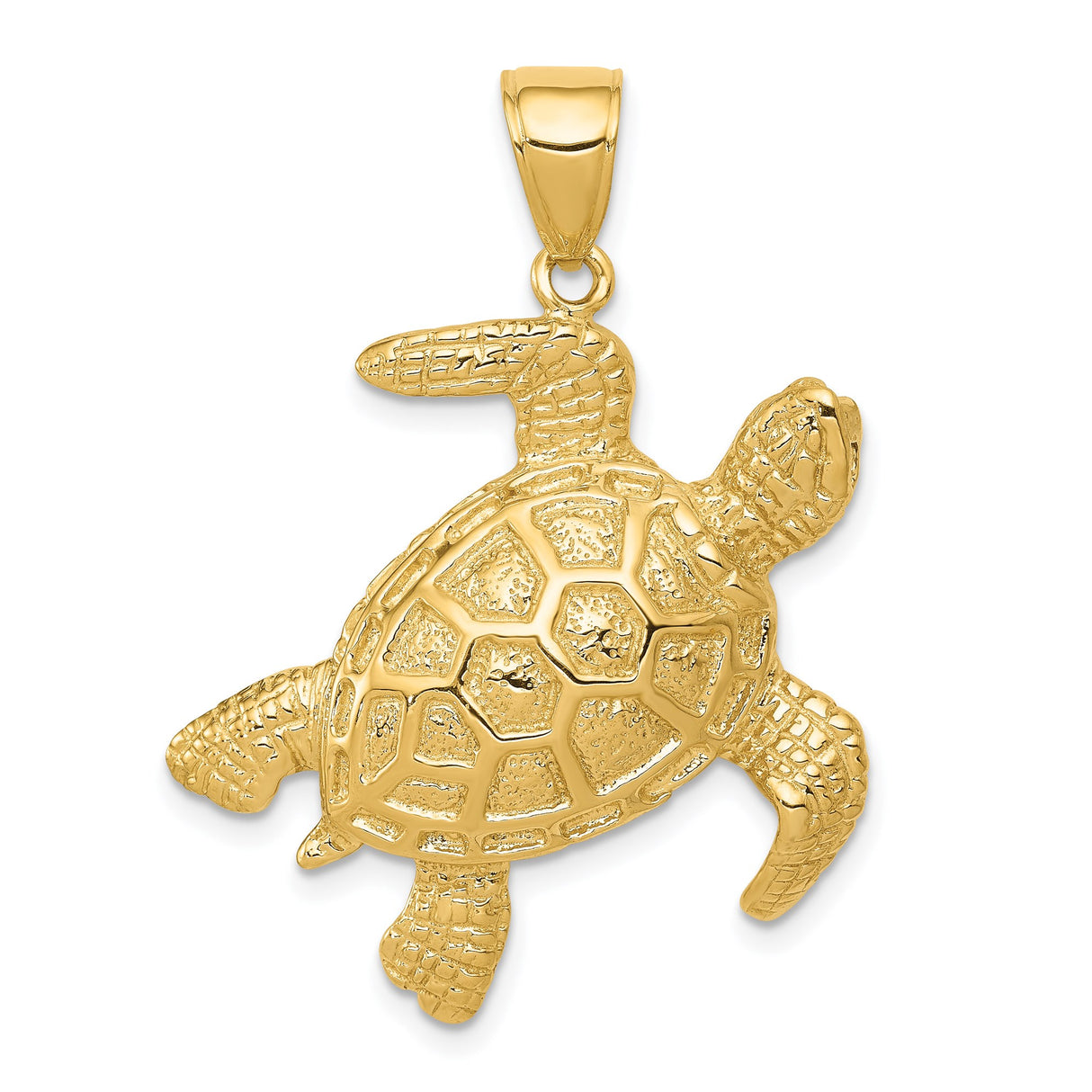 14k Yellow Gold Sea Turtle Pendant with Textured Shell and Flipper Detail