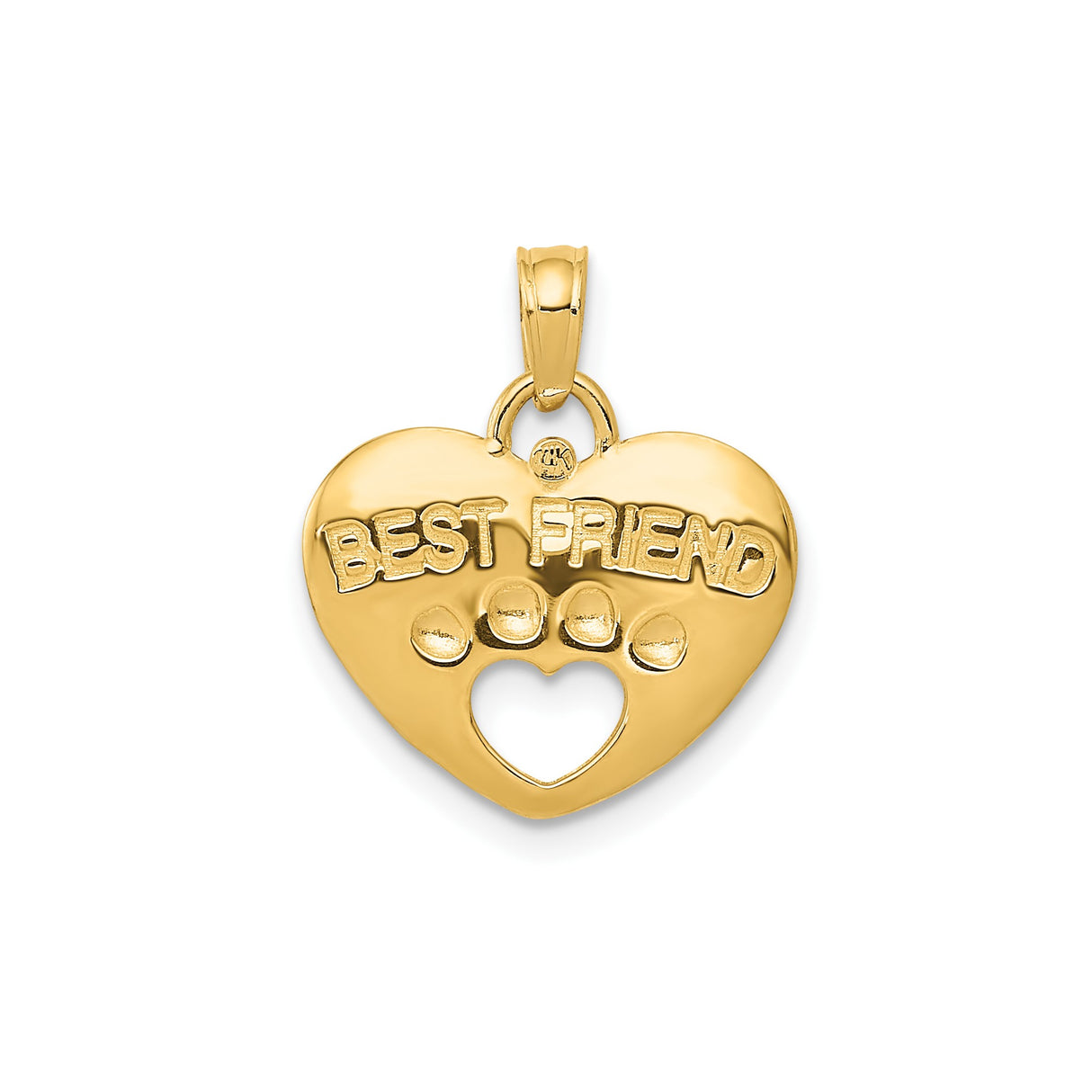 14k Yellow Gold Heart Pendant with Cutout Paw Print and Friend Inscription