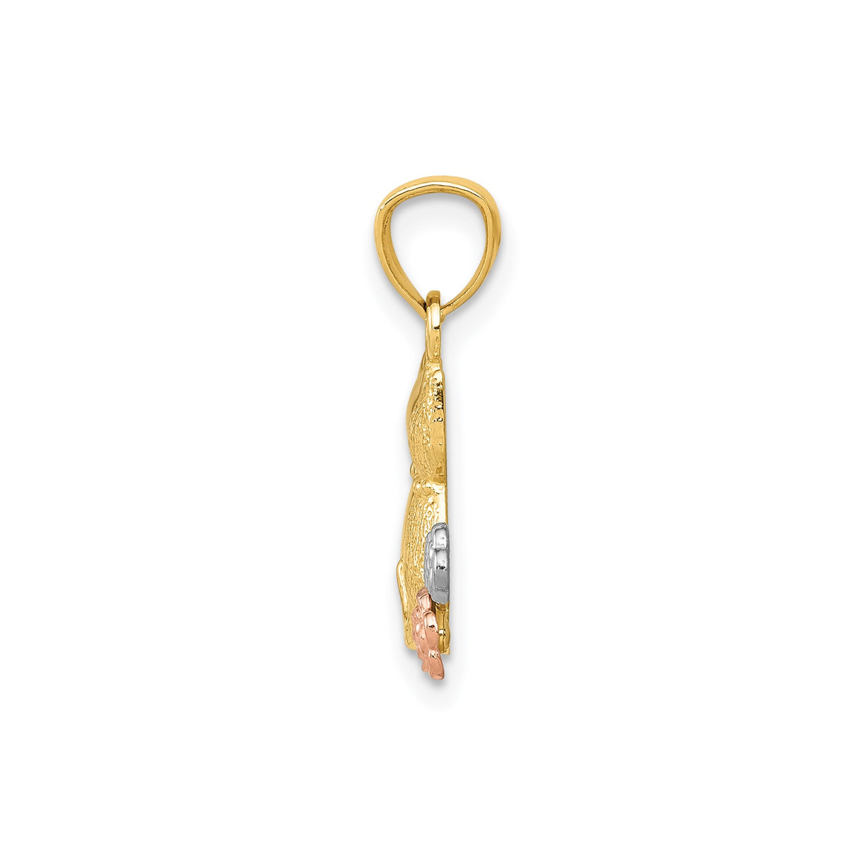 14k Two-Tone Gold Cat Pendant with Rose and White Gold Flower Detail