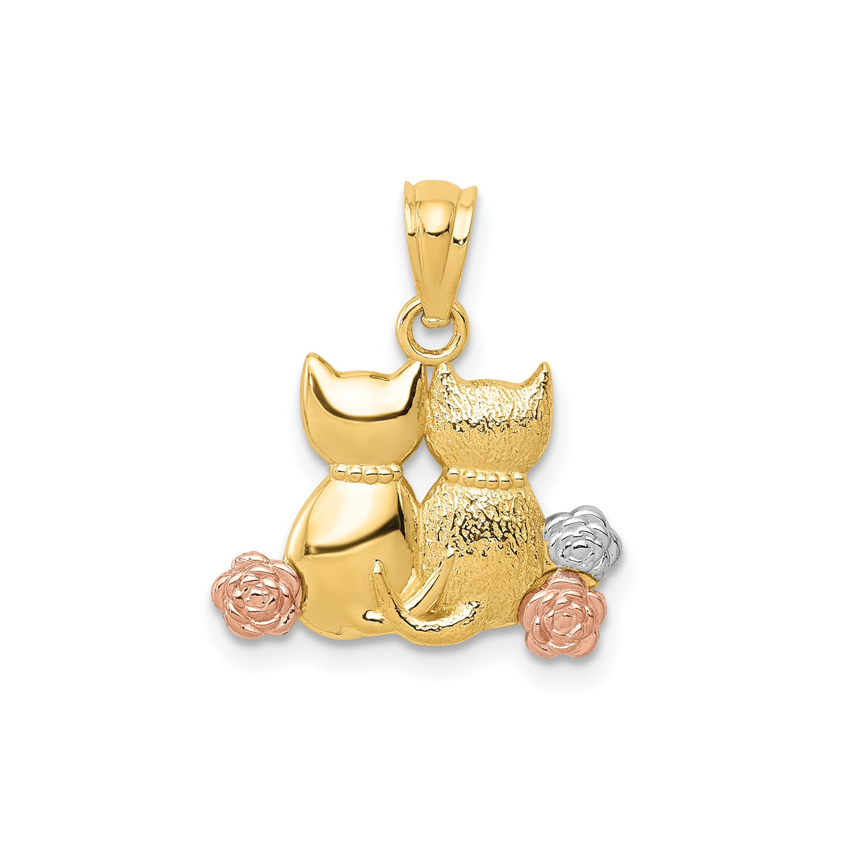 14k Two-Tone Gold Cat Pendant with Rose and White Gold Flower Detail