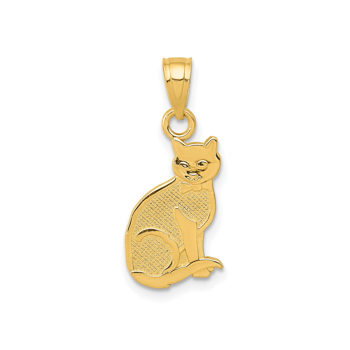 14k Yellow Gold Cat Pendant with Textured Finish and Bowtie Detail