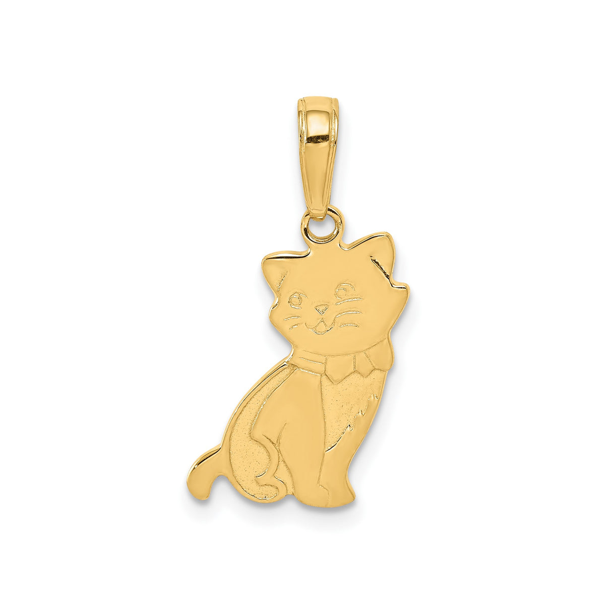 14k Yellow Gold Cat Pendant with Sitting Kitten and Bow Tie, Playful Feline Charm