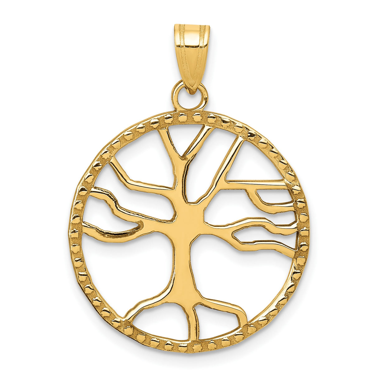 14k Yellow Gold Tree of Life Pendant, Openwork Circular Design with Textured Edge