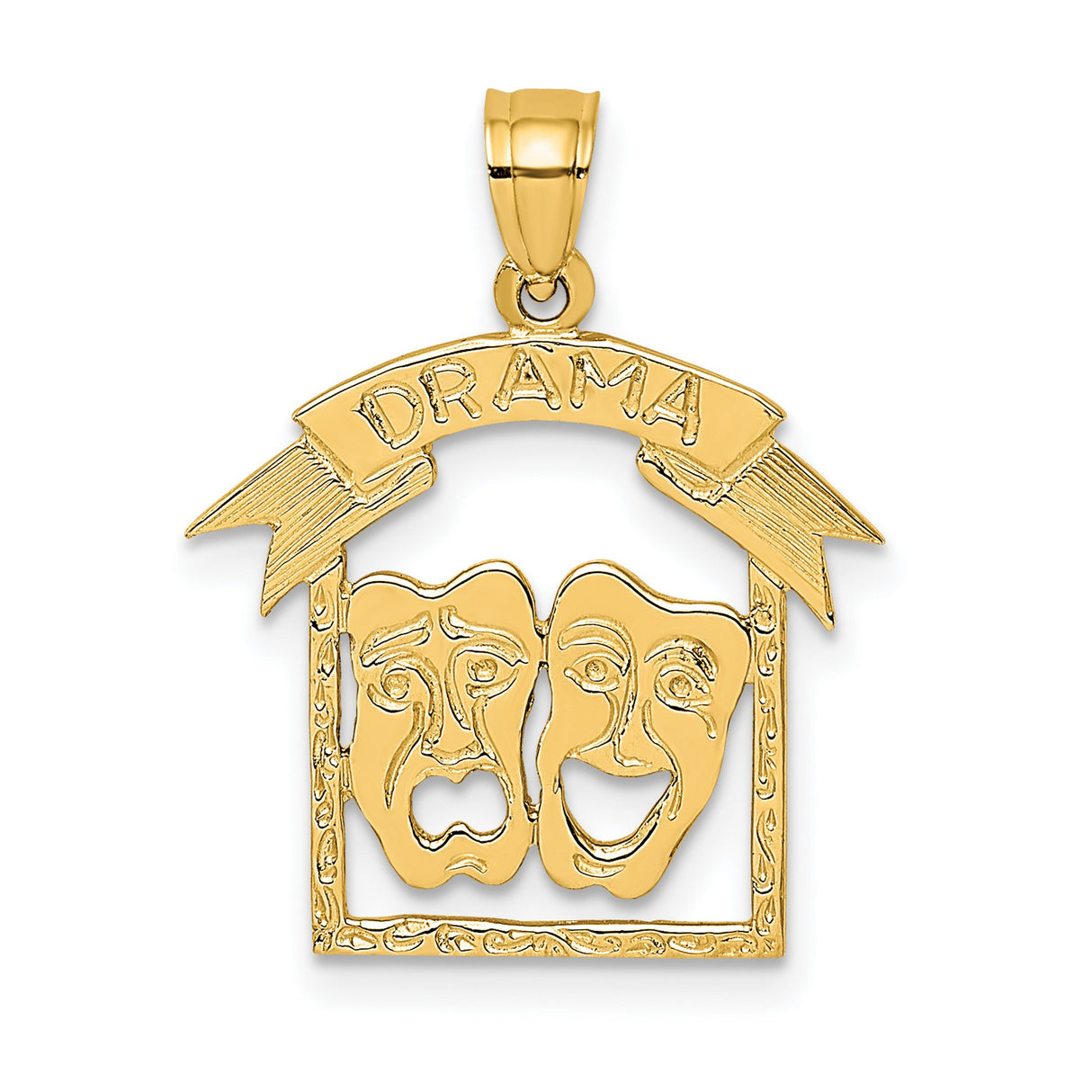 14k Yellow Gold Drama Mask Pendant with Comedy and Tragedy Faces Banner