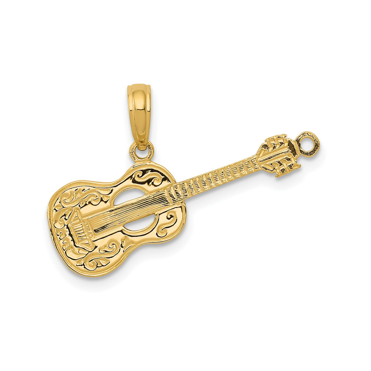 14k Yellow Gold Guitar Pendant with Detailed Engraving, Music-Inspired Jewelry Charm