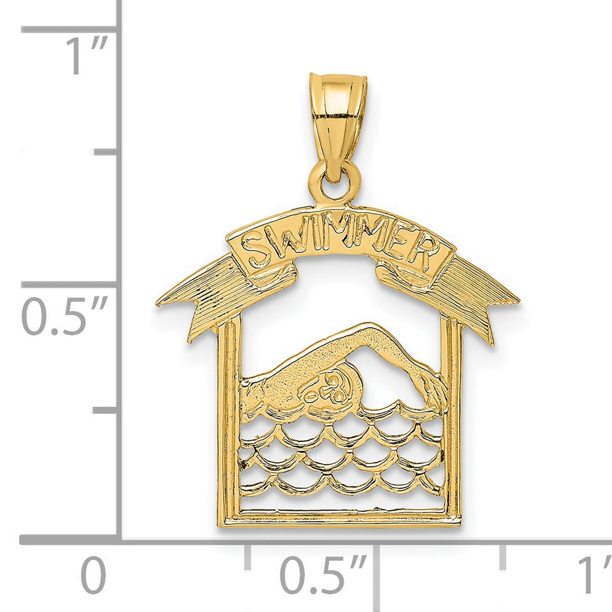 14k Yellow Gold Swimmer Pendant with Cut-Out Athlete and SWIMMER Banner