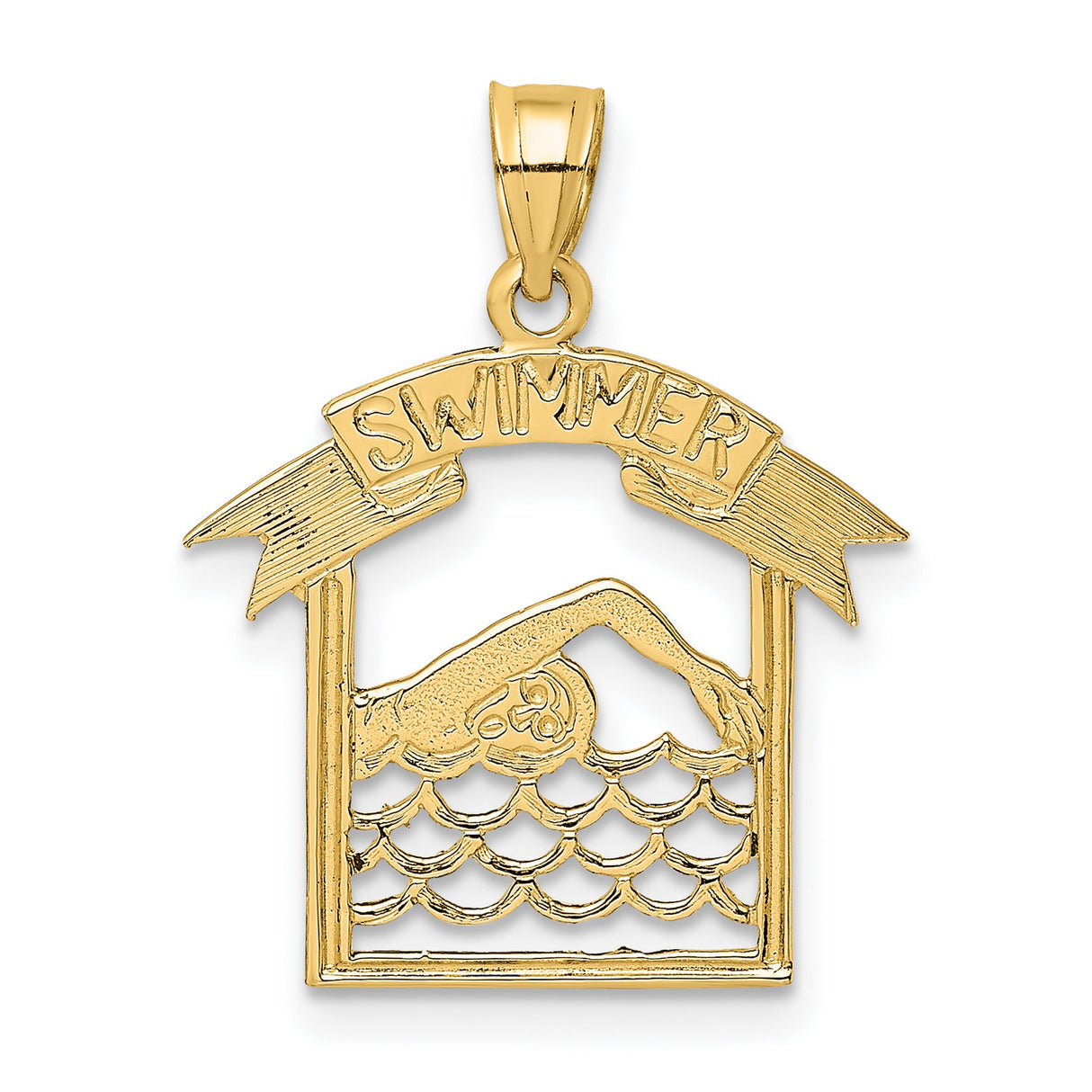 14k Yellow Gold Swimmer Pendant with Cut-Out Athlete and SWIMMER Banner
