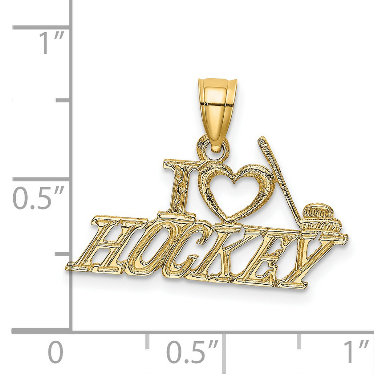 14k Yellow Gold Pendant, I Love Hockey Heart Stick and Puck Design, Unisex Sports Charm