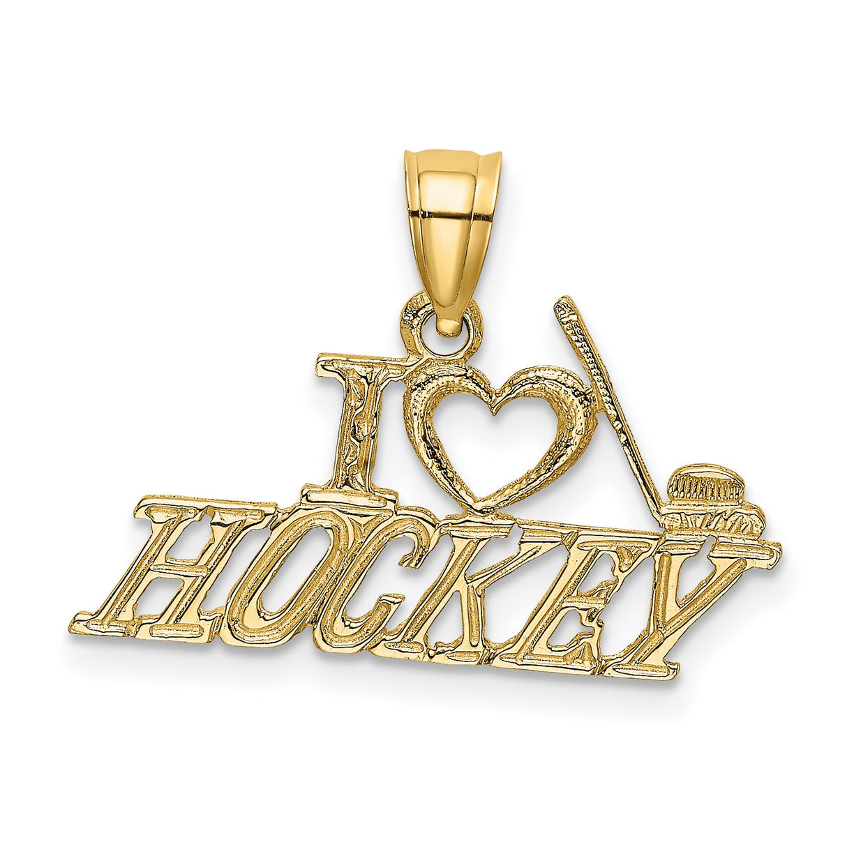 14k Yellow Gold Pendant, I Love Hockey Heart Stick and Puck Design, Unisex Sports Charm