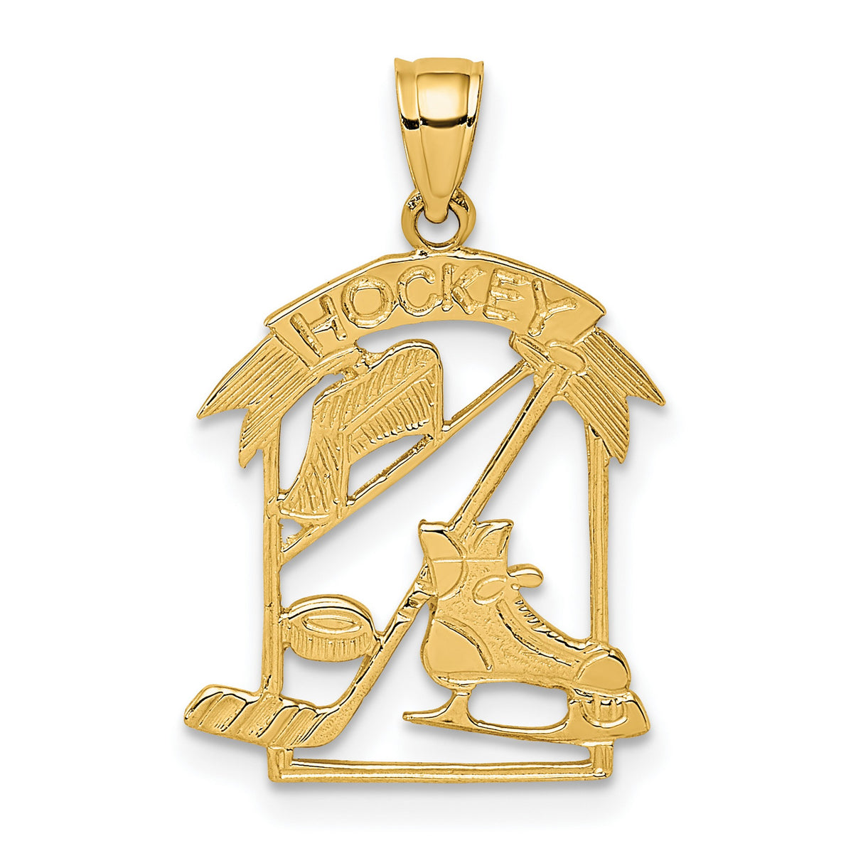 14k Yellow Gold Hockey Pendant with Stick, Puck, Helmet and Skates Cutouts, Sports Charm