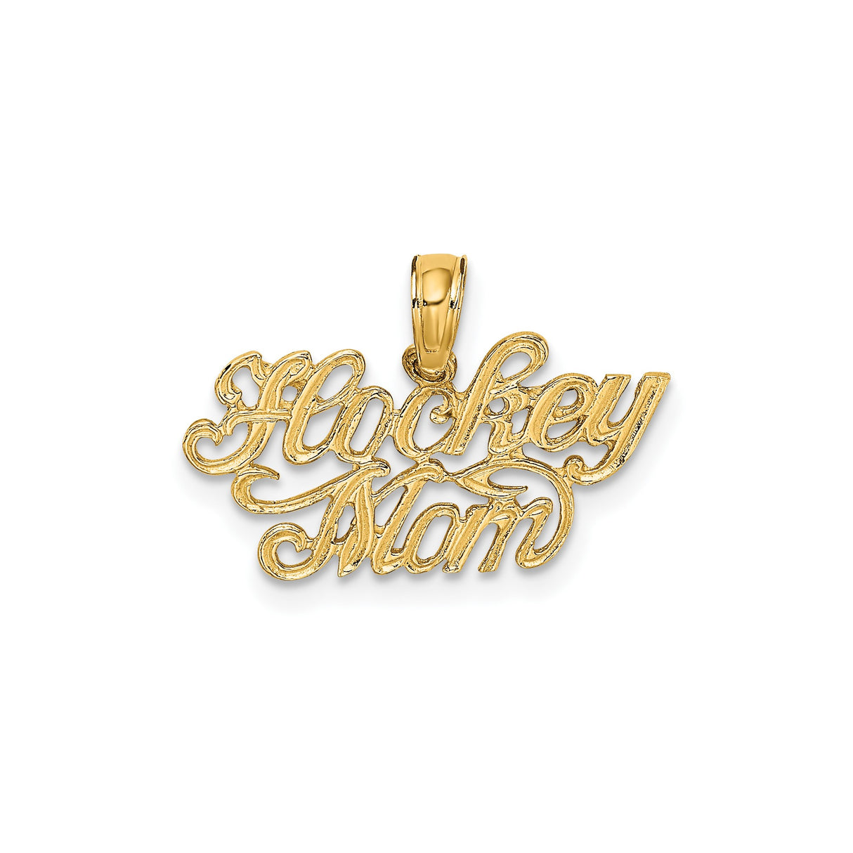 14k Yellow Gold Hockey Mom Pendant, Polished Script Sports Charm for Women