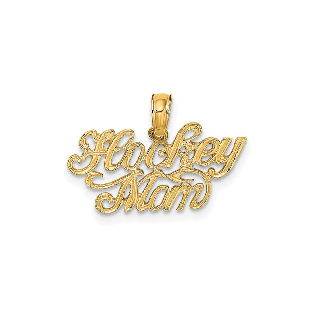 14k Yellow Gold Hockey Mom Pendant, Polished Script Sports Charm for Women