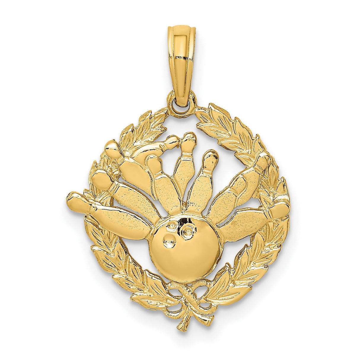 14k Yellow Gold Bowling Pendant with Ball and Pins in Laurel Wreath Frame