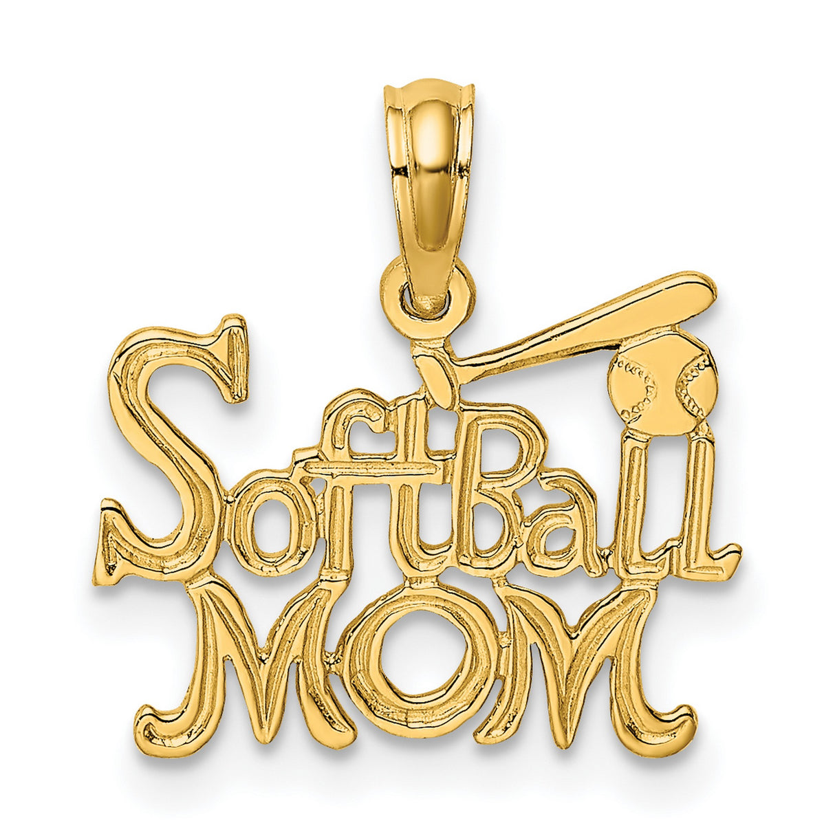 14k Yellow Gold Softball Mom Pendant with Bat and Ball Design