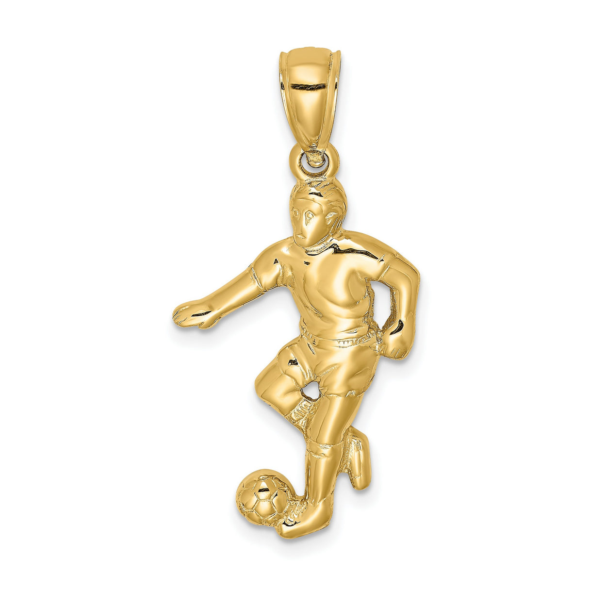 14k Yellow Gold Soccer Player Pendant, Athlete Dribbling Charm for Men or Unisex Wear