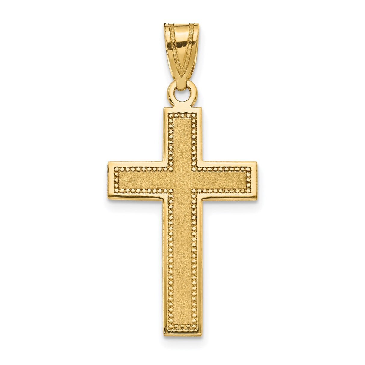 14k Yellow Gold Latin Cross Pendant with Satin Finish and Beaded Border Design