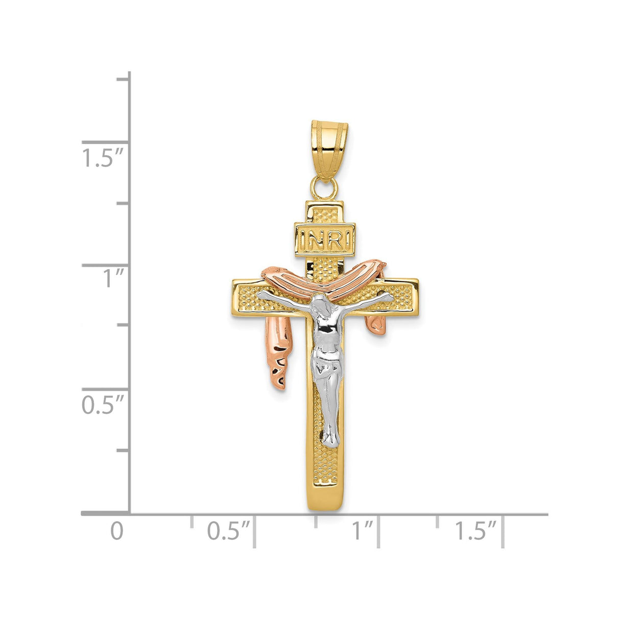 14k Tri-Tone Gold Crucifix Cross Pendant with Draped INRI and Sculpted Jesus Figure