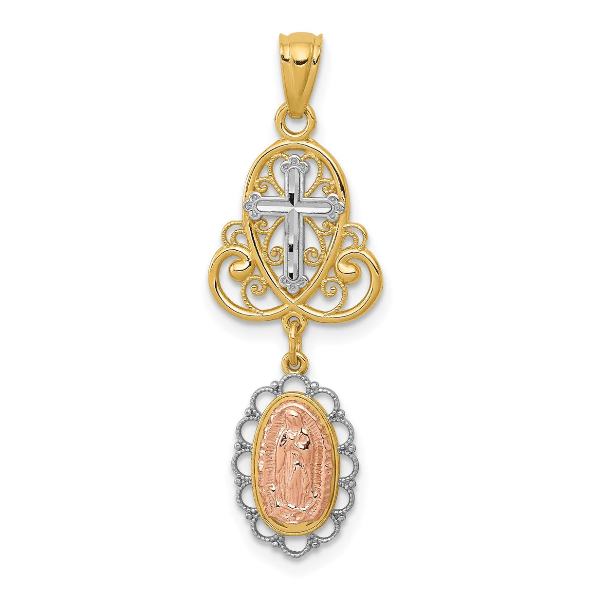 14k Tri-Tone Gold Guadalupe Virgin Mary Cross Pendant, Religious Medallion Charm
