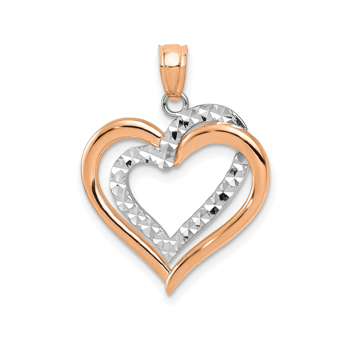 14k Two-Tone Gold Heart Pendant with Open Layered Design and Diamond Cut Finish