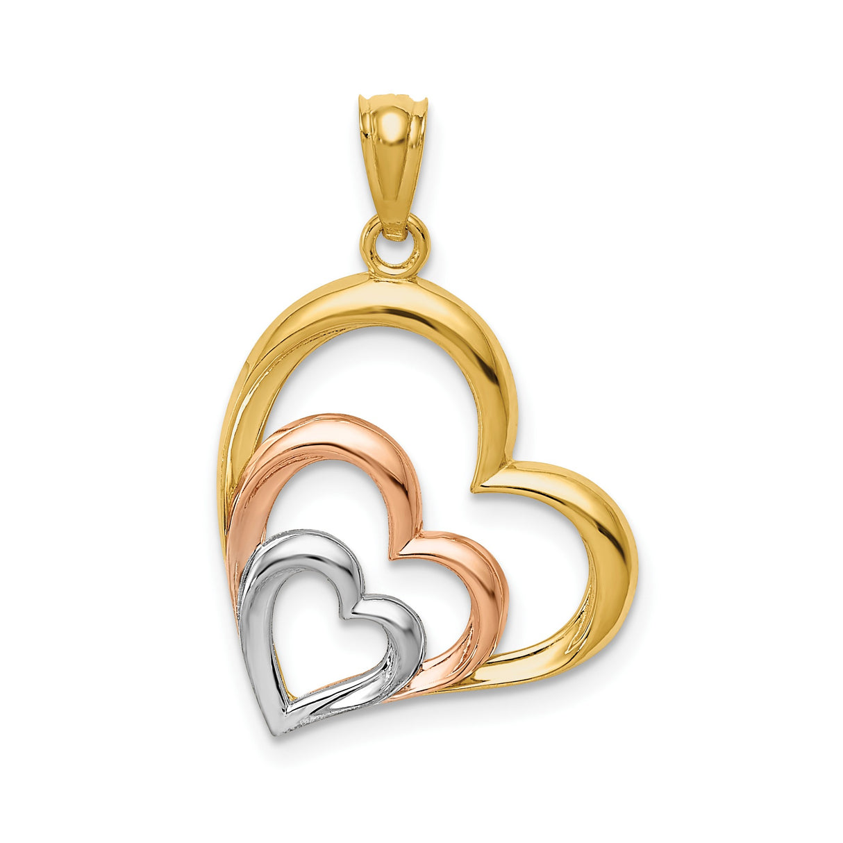 14k Two-Tone Gold Interlocking Triple Heart Pendant, Symbolic Charm for Women