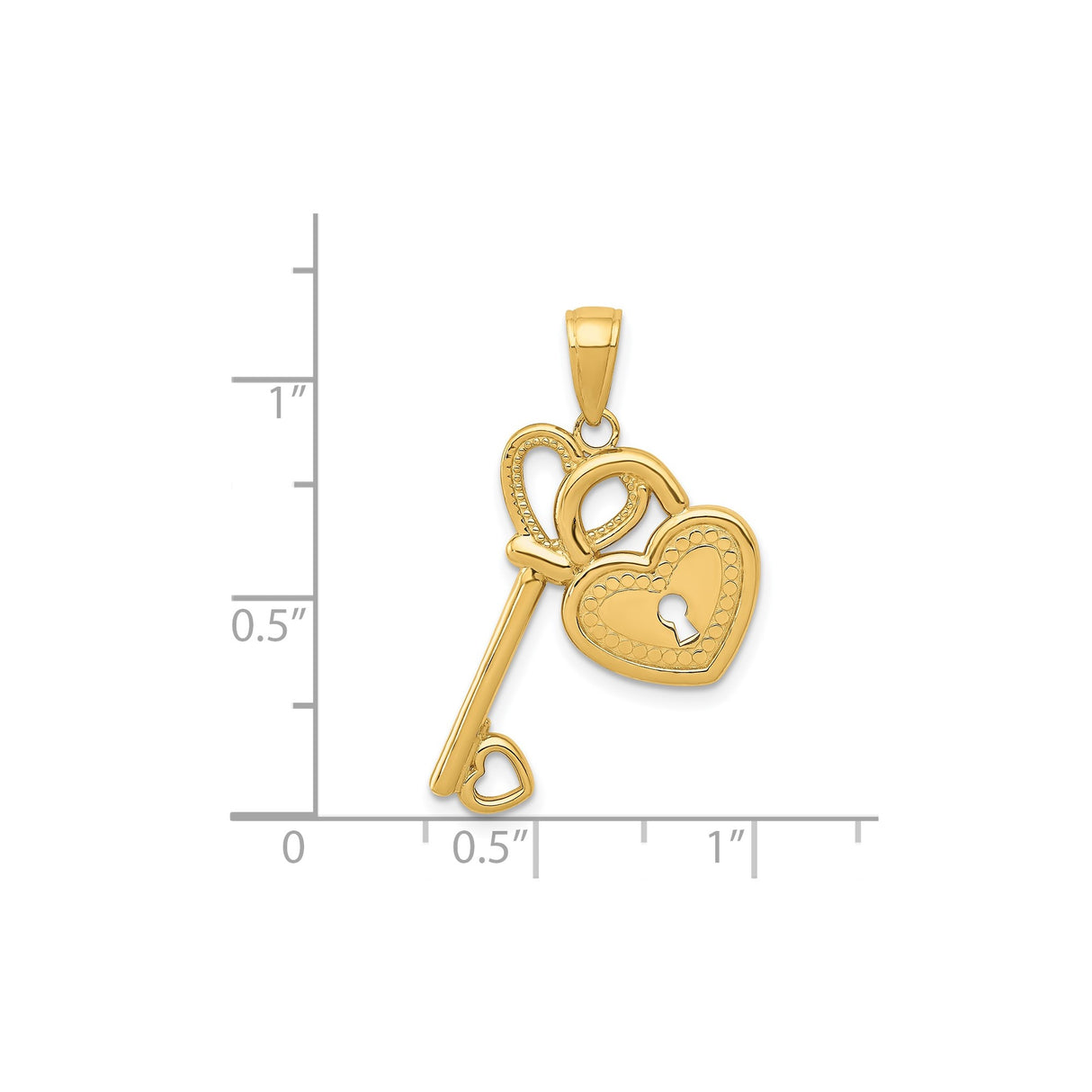 14k Yellow Gold Heart Lock and Key Pendant with Heart Shaped Details for Women