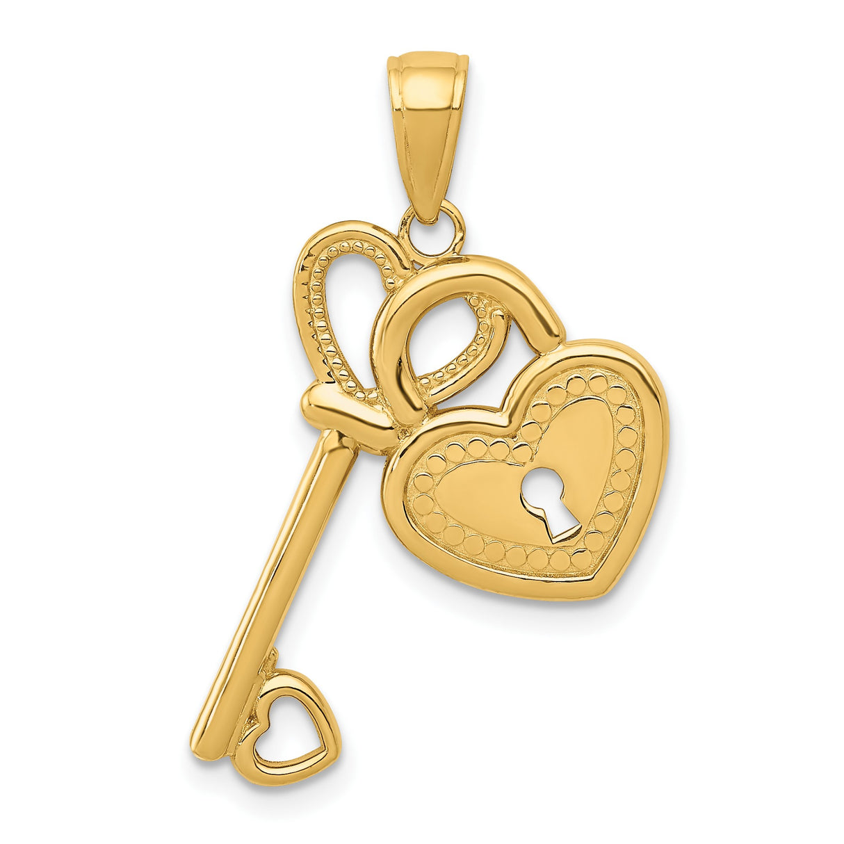 14k Yellow Gold Heart Lock and Key Pendant with Heart Shaped Details for Women
