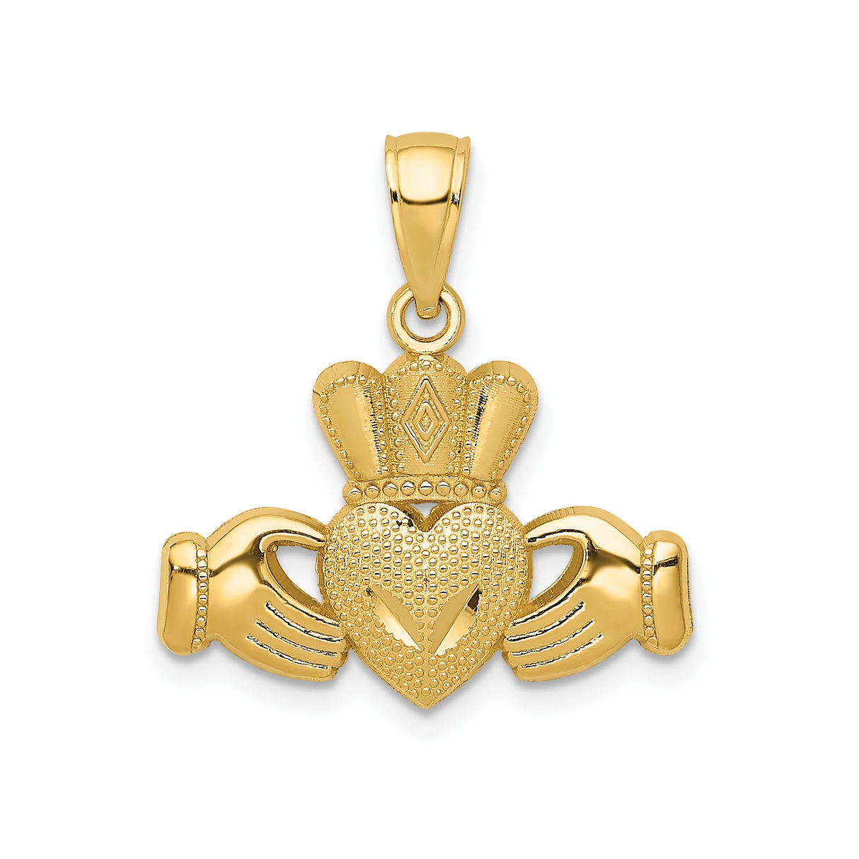 14k Yellow Gold Claddagh Pendant with Crowned Heart and Hands, Irish Celtic Symbol of Love and Loyalty
