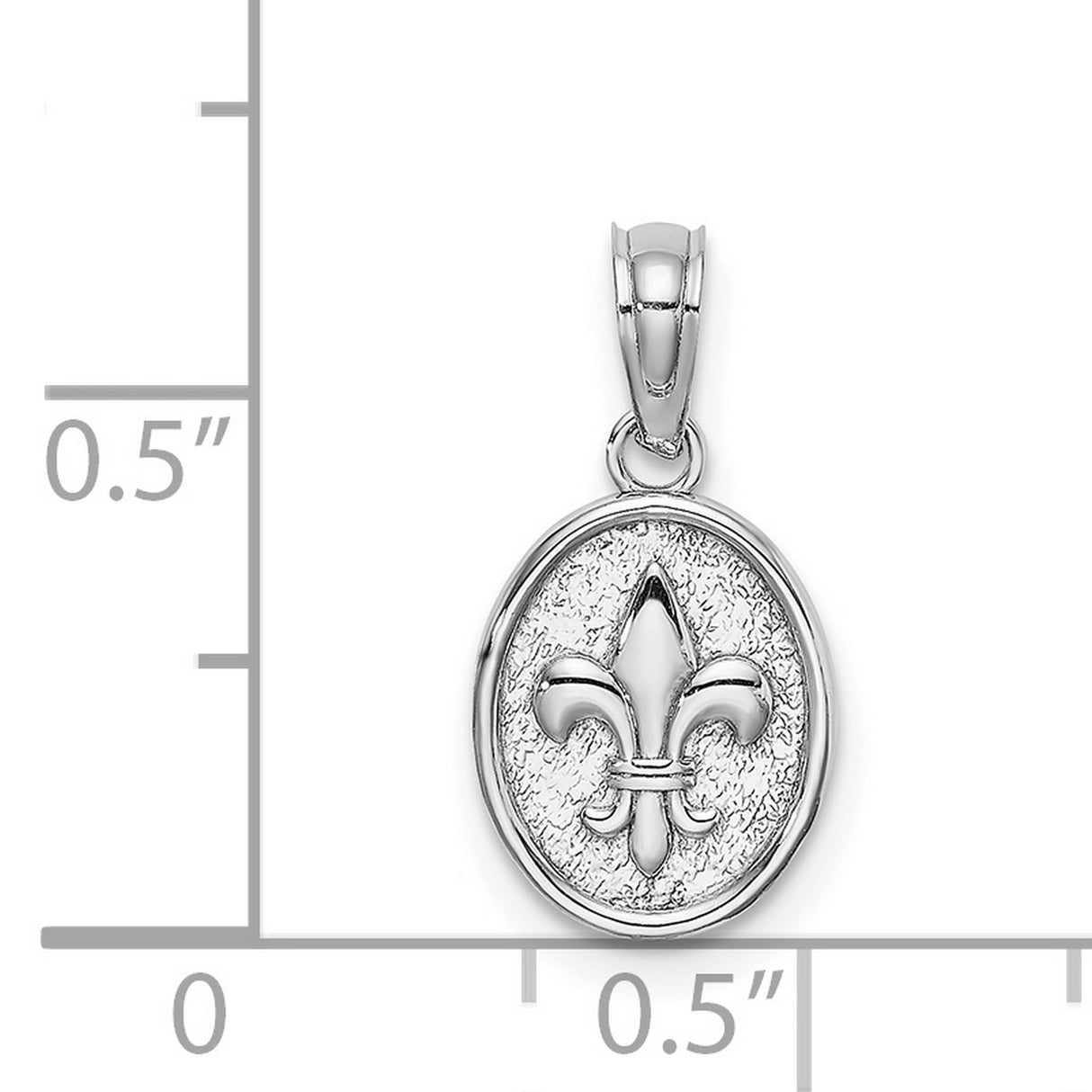 14k White Gold Pendant with Raised Fleur de Lis on Textured Oval Background