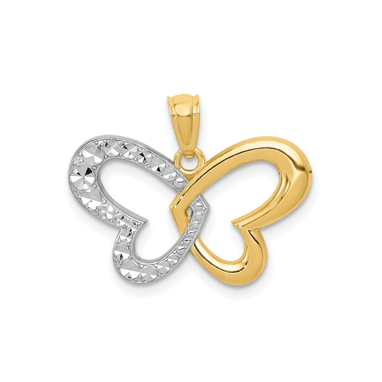 14k Two-Tone Gold Butterfly Pendant with Open Heart Wings and Diamond-Cut Texture