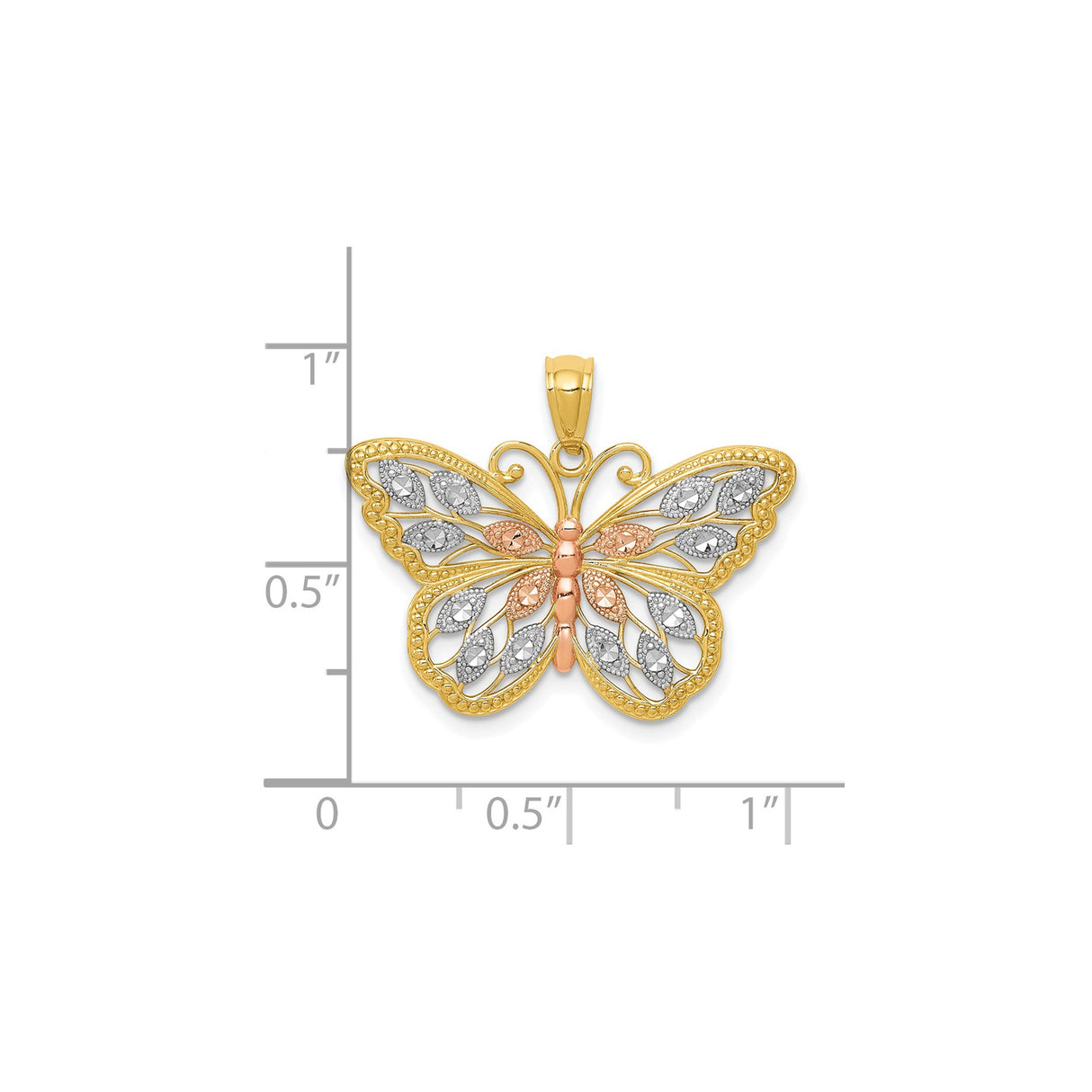 14k Multi-Tone Gold Butterfly Pendant with Textured Filigree Wings for Women