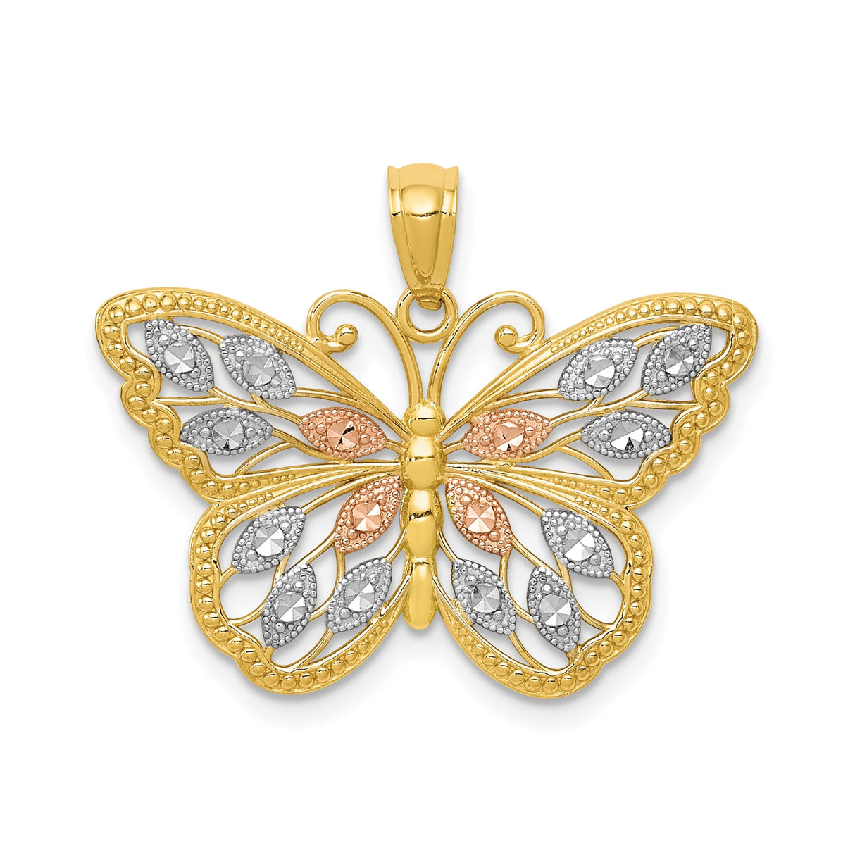 14k Multi-Tone Gold Butterfly Pendant with Textured Filigree Wings for Women