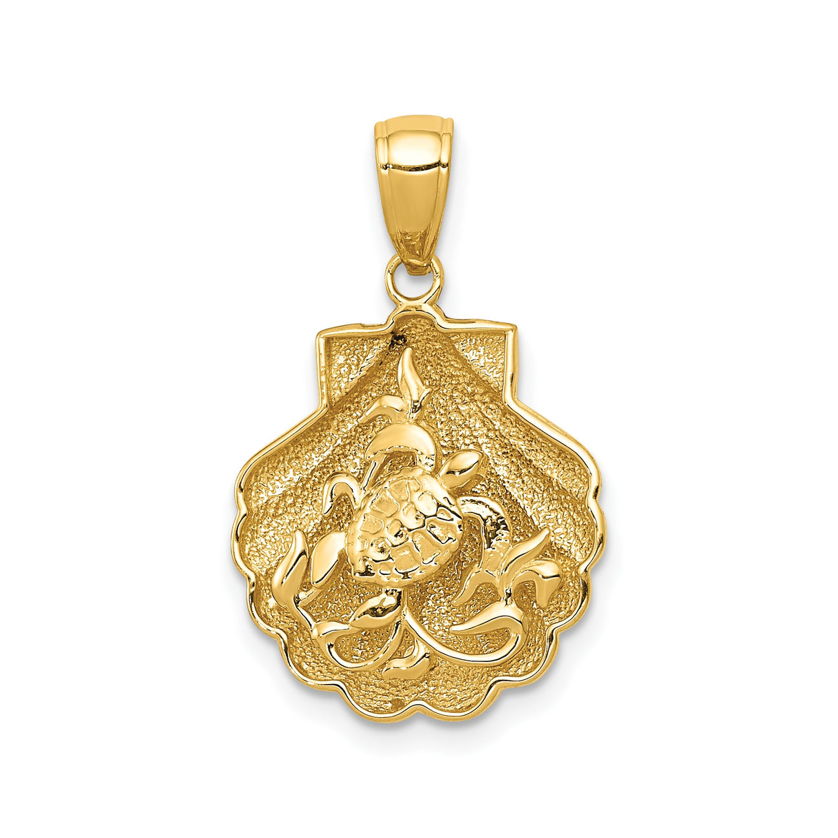 14k Yellow Gold Scallop Shell Pendant with Pomegranate and Leaf Detail, Fertility and Abundance Symbol