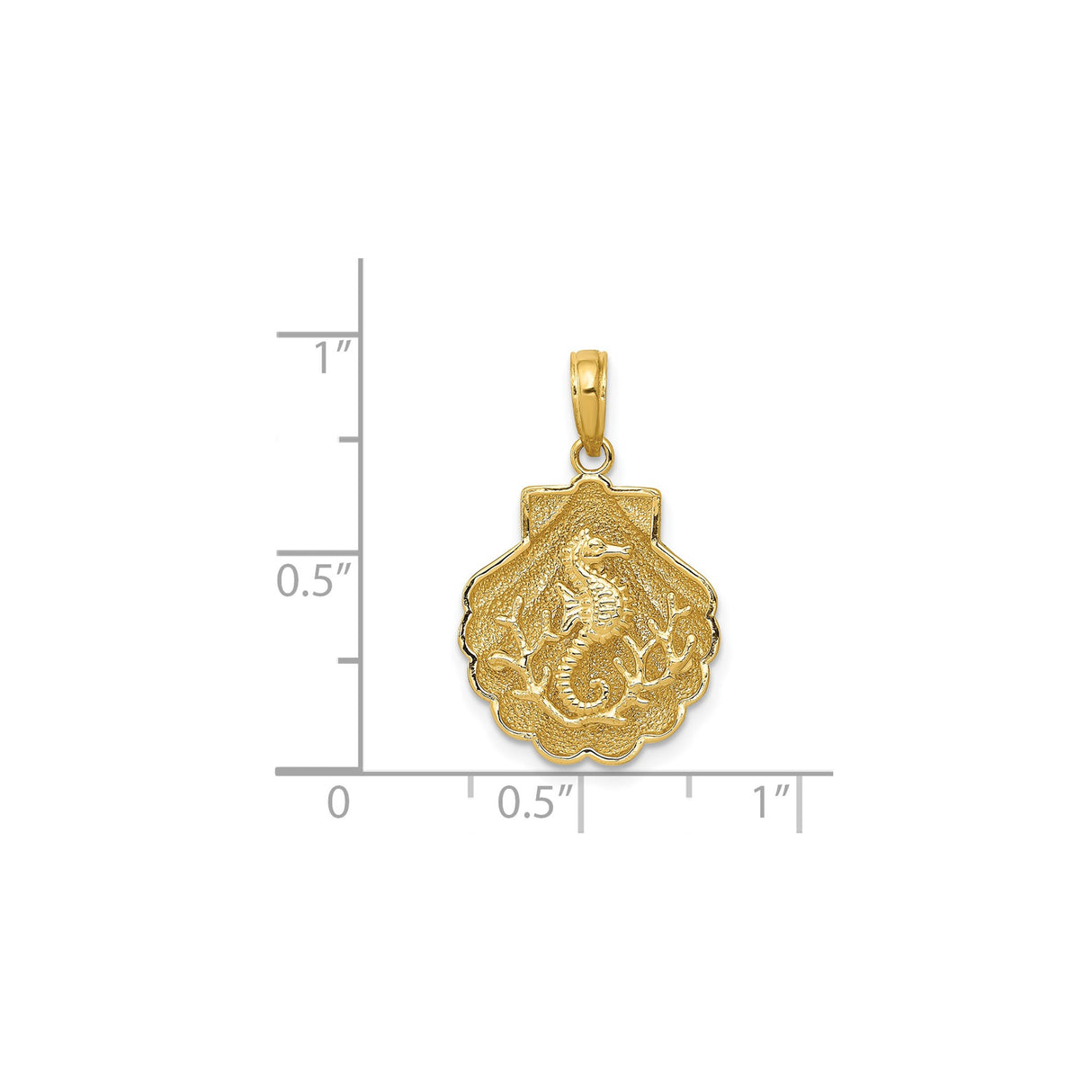 14k Yellow Gold Seahorse Coral Pendant with Textured Seashell Backdrop, Ocean-Inspired Design