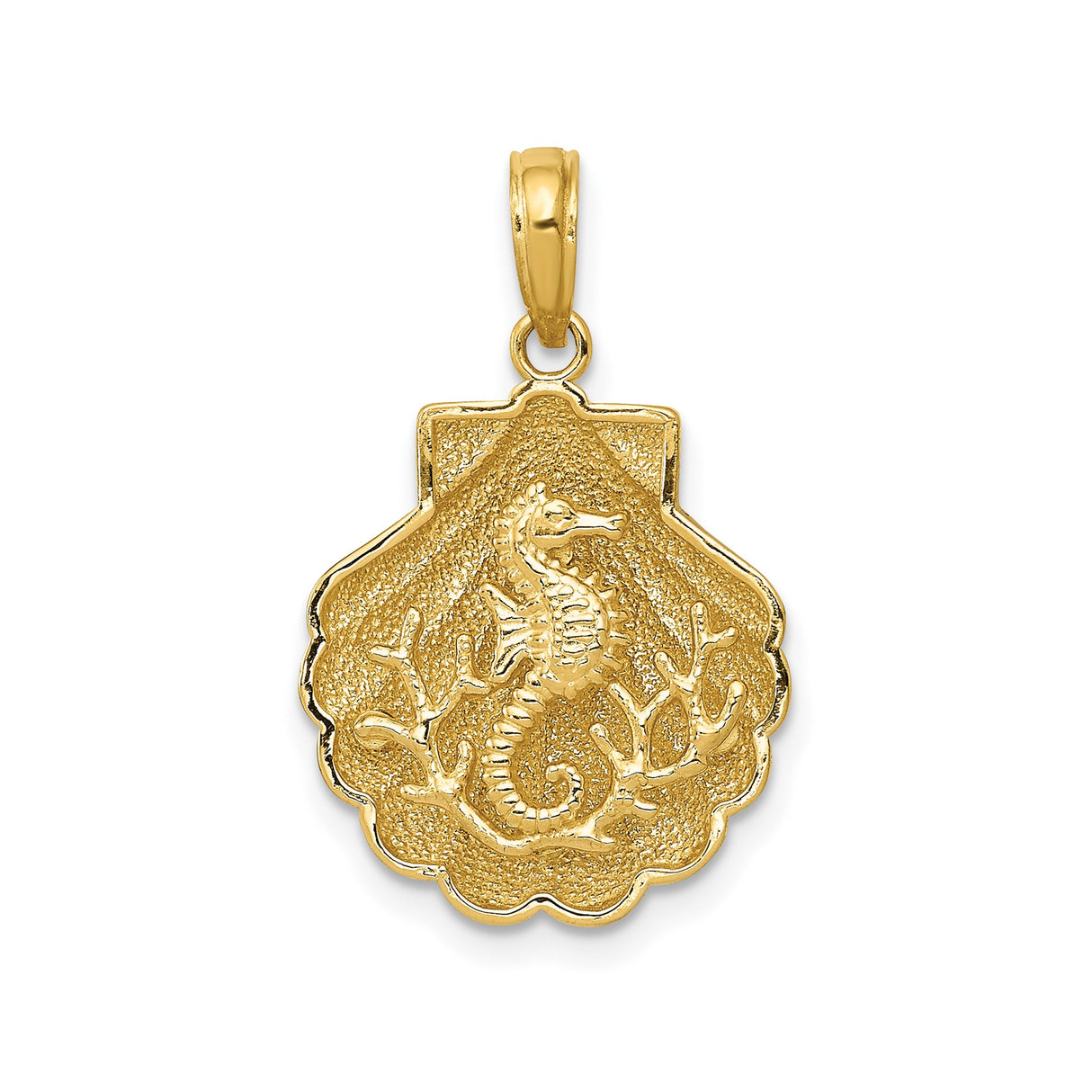 14k Yellow Gold Seahorse Coral Pendant with Textured Seashell Backdrop, Ocean-Inspired Design