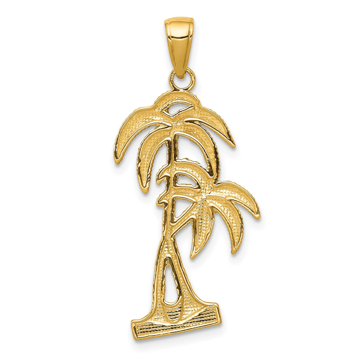 14k Yellow Gold Palm Tree Pendant with Textured Detail, Tropical Beach Charm