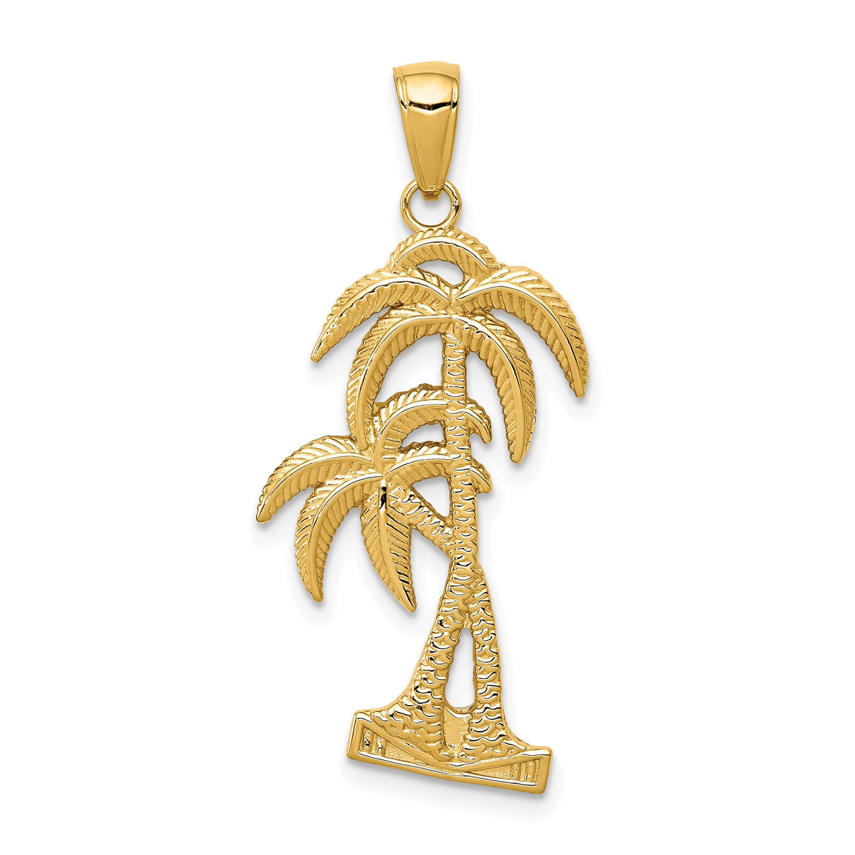 14k Yellow Gold Palm Tree Pendant with Textured Detail, Tropical Beach Charm