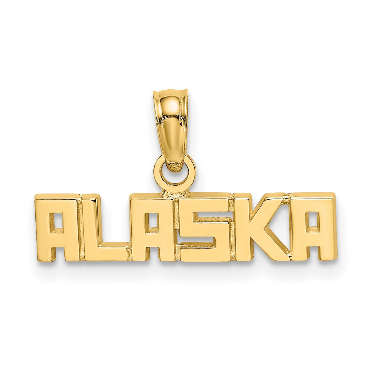 14k Yellow Gold Alaska Pendant with Block Lettering, Travel-Inspired State Charm