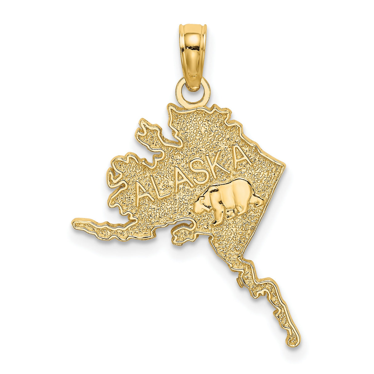 14k Yellow Gold Alaska State Pendant with Textured Bear Design, Nature-Inspired Travel Jewelry