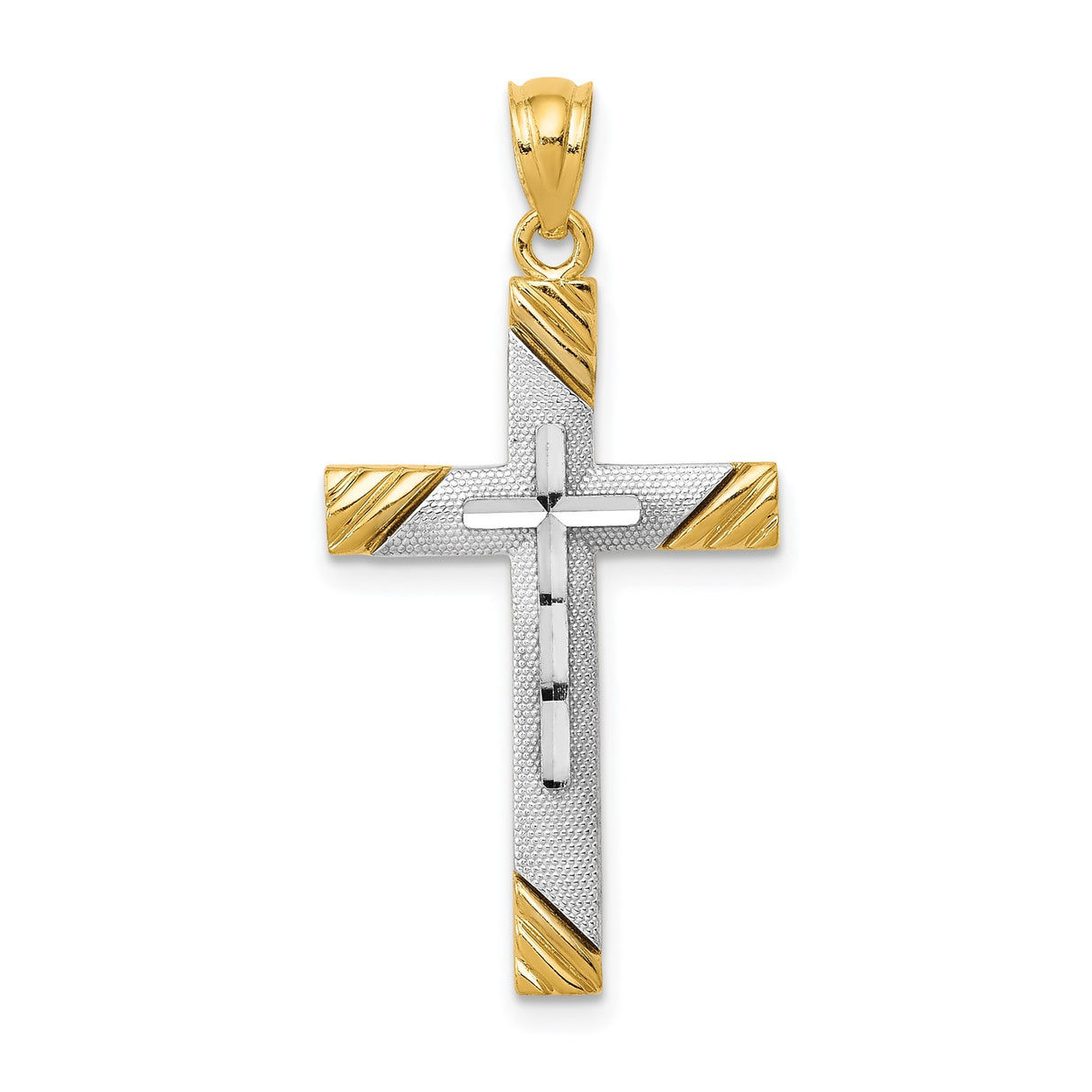 14k Multi-Tone Gold Geometric Cross Pendant with Textured Modern Design for Men and Women