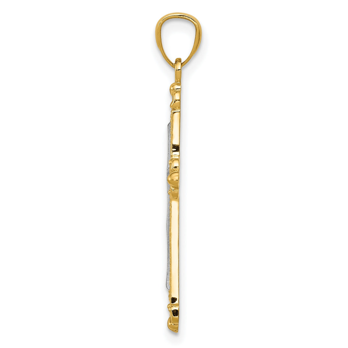 Fleur De Lis Cross With Inset Rhodium Latin Cross Charm Pendant in Real 14k Multi-Tone Gold