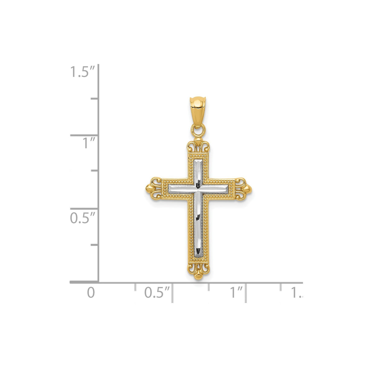 14k Yellow and White Gold Latin Cross Pendant with Rhodium Inlay and Fleur de Lis Design