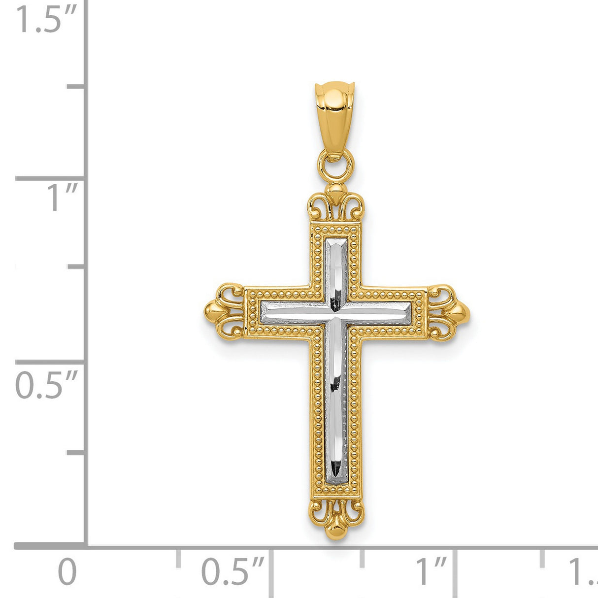 Fleur De Lis Cross With Inset Rhodium Latin Cross Charm Pendant in Real 14k Multi-Tone Gold