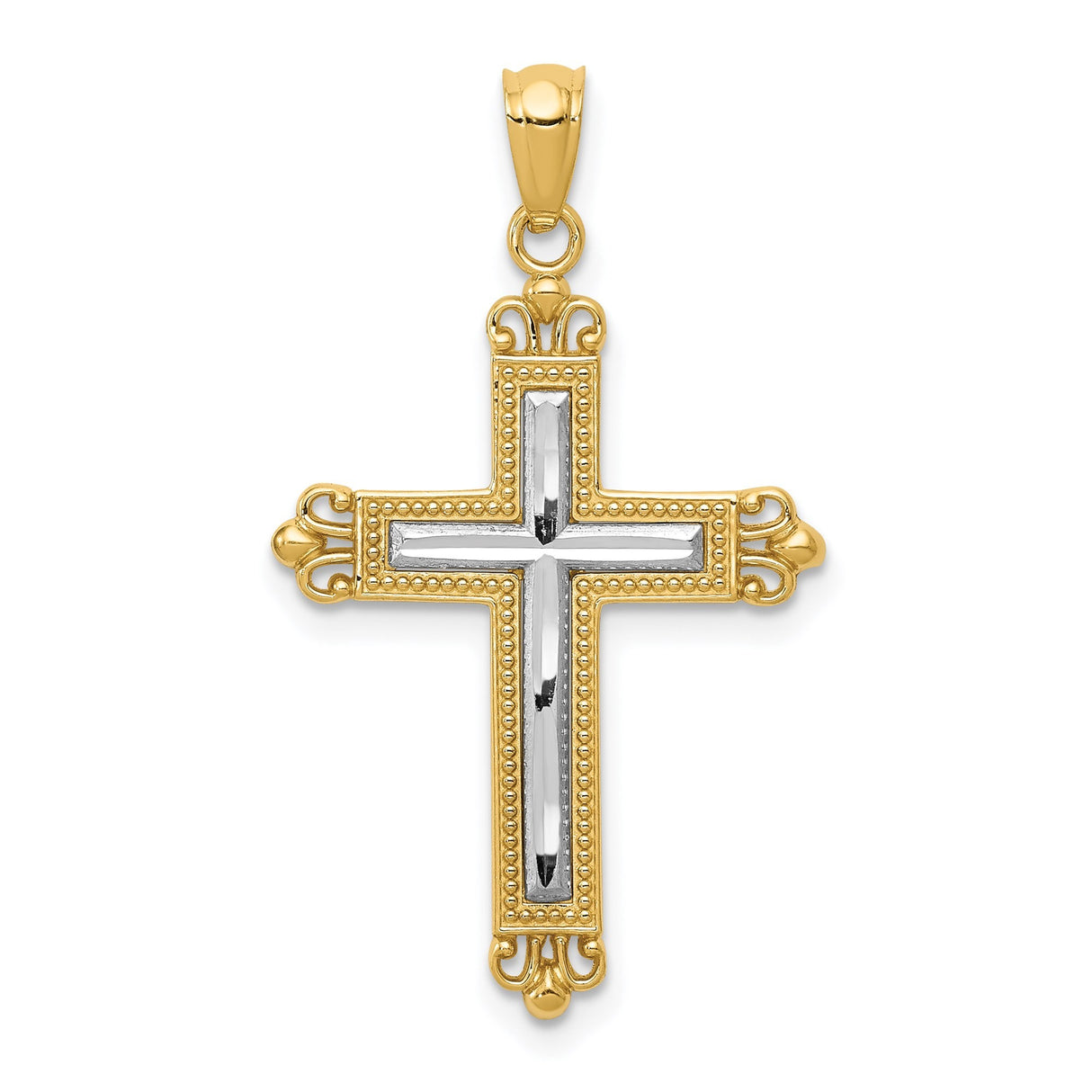 14k Yellow and White Gold Latin Cross Pendant with Rhodium Inlay and Fleur de Lis Design