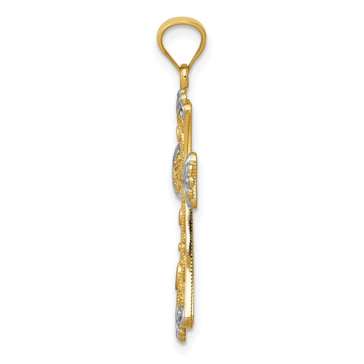 14k Two-Tone Gold Cross Pendant with Filigree Fleur De Lis and Diamond Accents