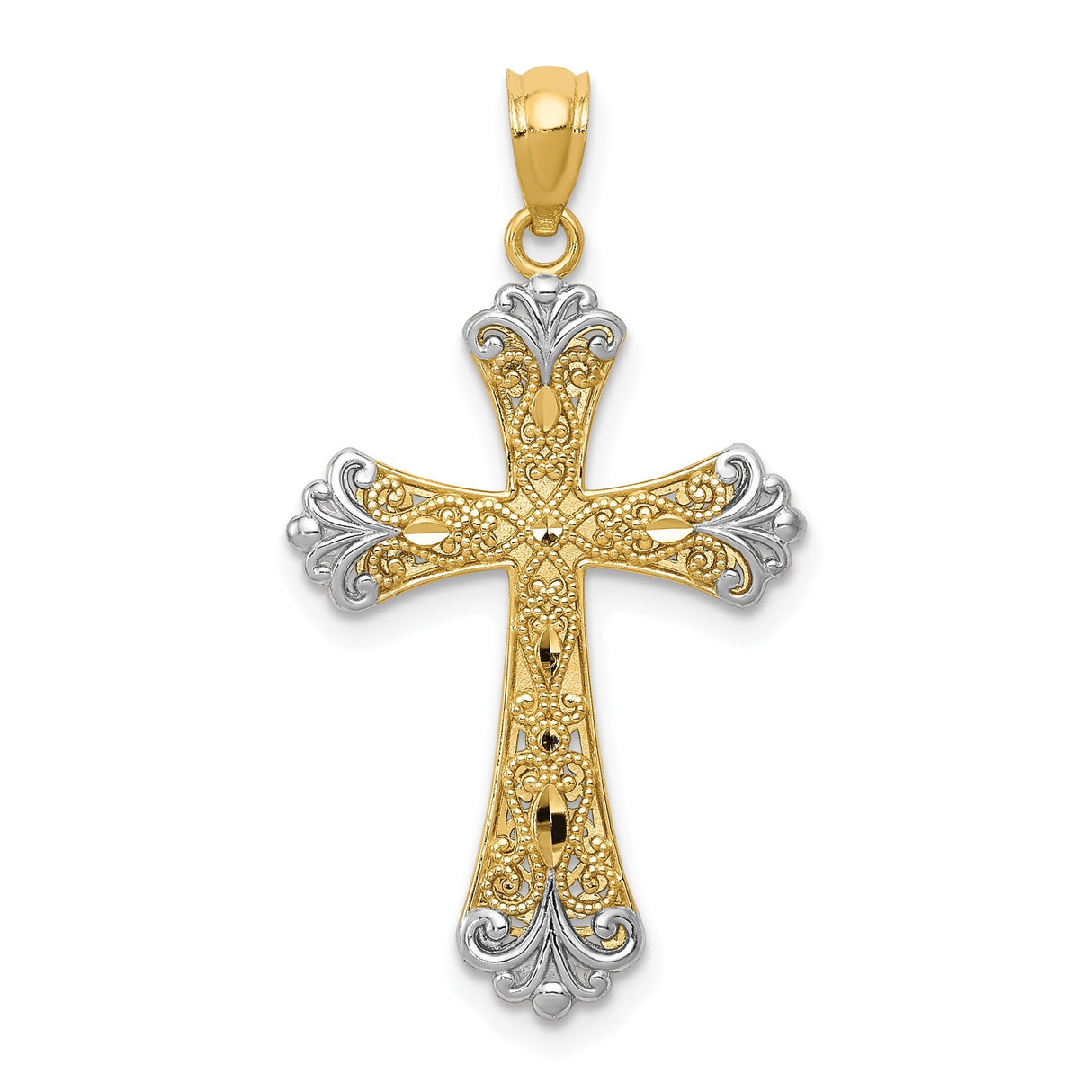 14k Two-Tone Gold Cross Pendant with Filigree Fleur De Lis and Diamond Accents
