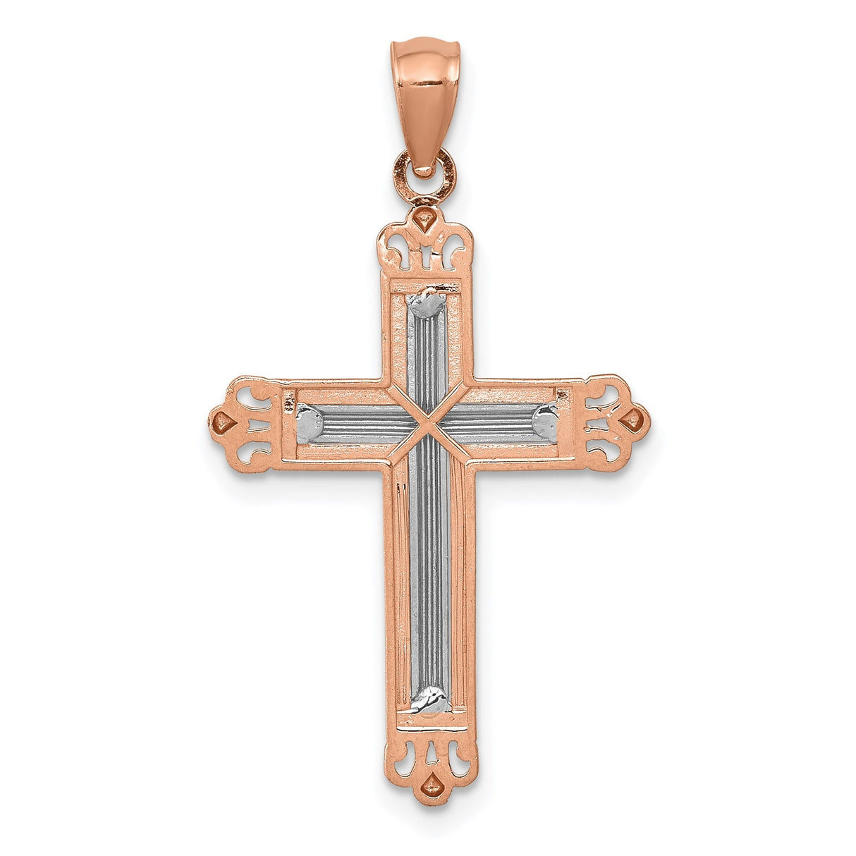 14k Rose Gold Fleur De Lis Cross Pendant with Ornate Scrollwork Design